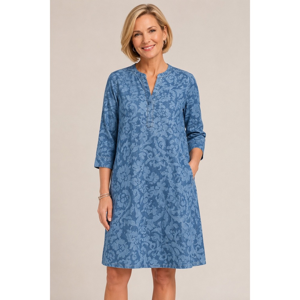 NEW Chico's Foliage Tales Chambray Denim Blue Floral Print Knee Dress Brunch